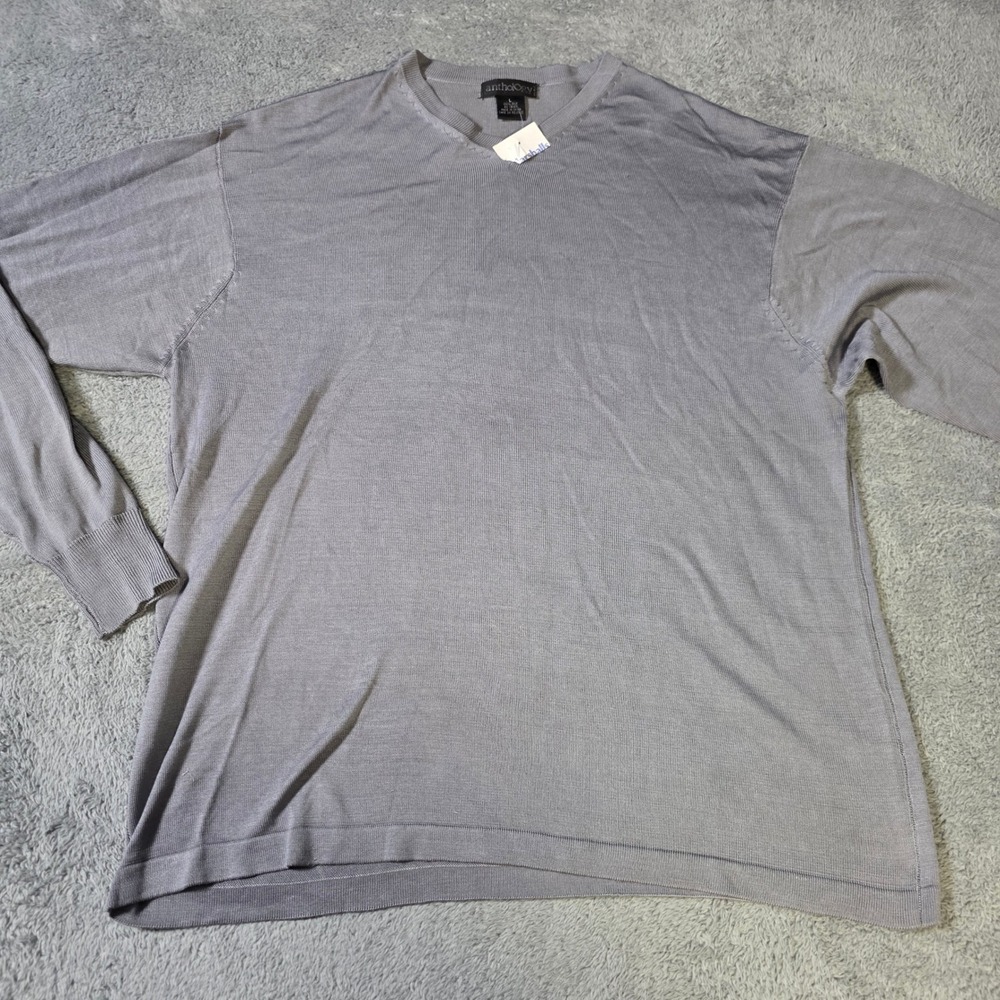 Anthology Mens‎ L Sweater Gray 100% Silk V-Neck Long Sleeve Fine Knit Pullover